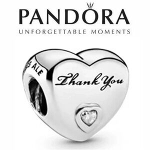 Pandora Silver Heart Charm with 'Thank You' Script and Clear Stone NIB
